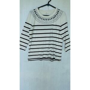 Talbots women’s Black Striped Bejeweled Shirt Size Mp||||